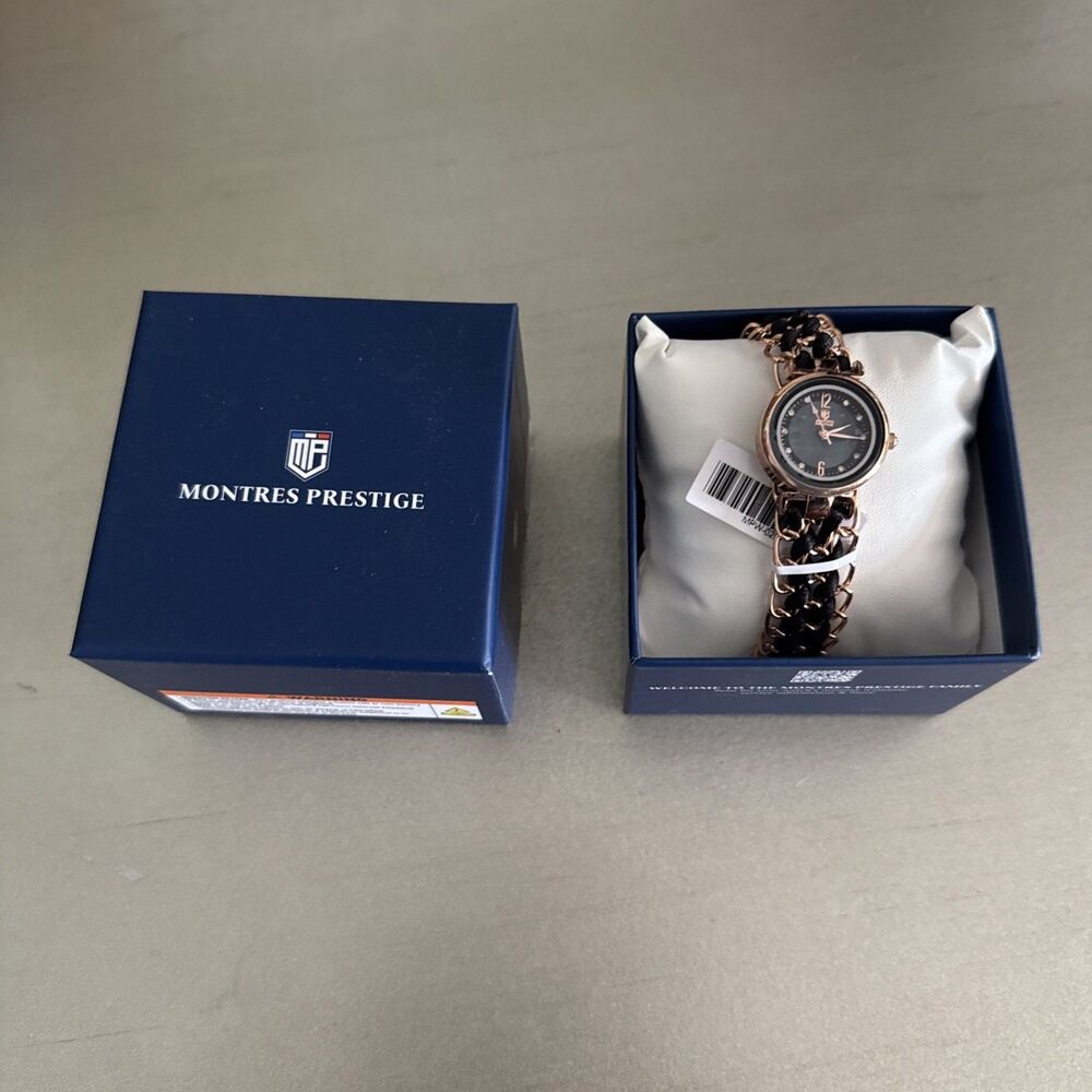 Montres Prestige Women’s Rose Gold Watch - Black Chain Link & Bolero Pull Strap